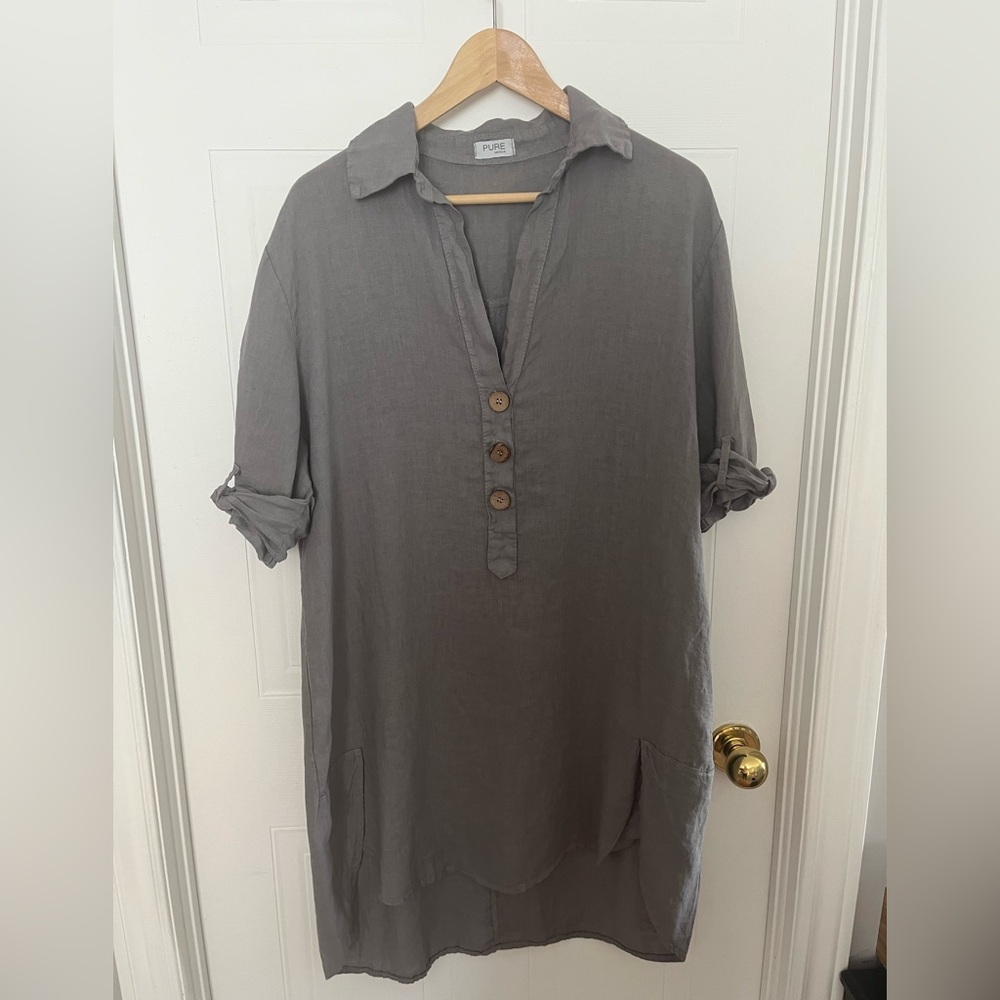 # 12-Pure Venice Women's Relaxed Gray Button-Down Shirt Dress